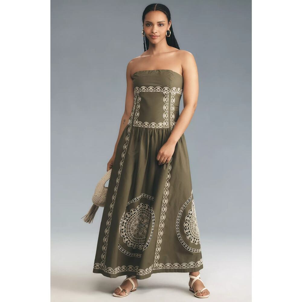 New Anthropologie Strapless Drop-Waist Embroidered Midi Dress $268 Large Olive - Picture 4 of 8